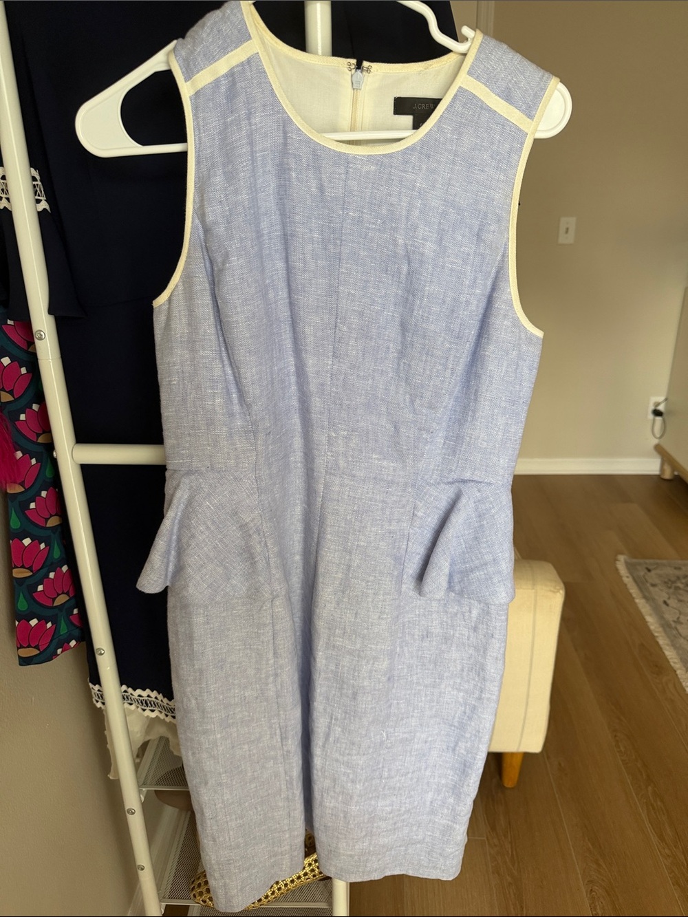 J Crew Sleeveless Light Blue Linen Shift Dress with Cream Trim